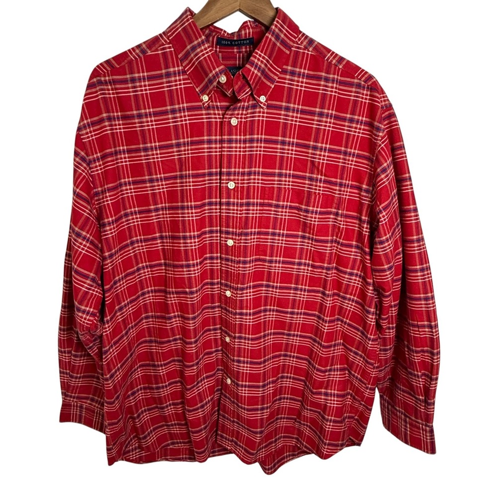 John Ashford Men's L Red Plaid Button Down Long Sleeve Shirt‎ 100% Cotton Casual